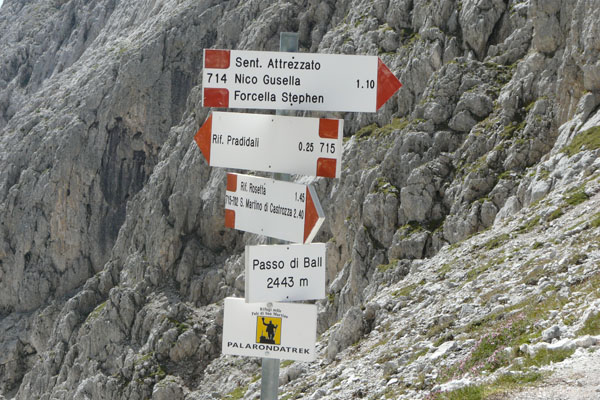 Węzeł szlaków na przełęczy Passo di Ball.